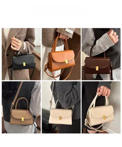 Collage of chic leather crossbody flap bags in black, tan, brown, and cream colors