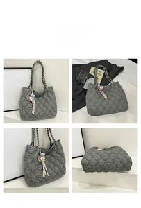 Detailed views of grey quilted tote bag with lattice pattern and woven handles
