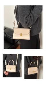 Detailed views of a beige leather handbag featuring a signature gold rectangular lock