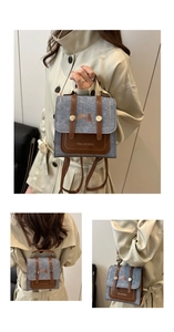 Three views showing compact blue-grey fabric backpack with cute cat illustration and leather flap