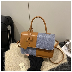 Retro color-block handbag in brown leather and blue denim with detachable shoulder strap