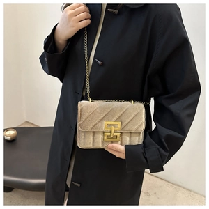 Detail of champagne velvet quilted bag with golden chain and lock on black coat