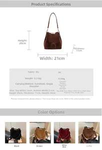 Detailed size chart and specifications for the retro PU leather bucket crossbody bag
