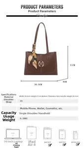 Detailed size specifications for brown PU tote bag with silk scarf and M metal buckle