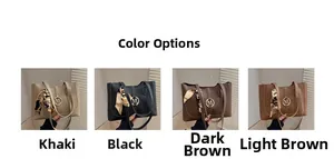 Detail view of four minimalist tote bags with silk scarf handles and M-logo hardware accents