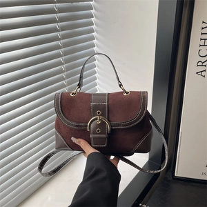 Vintage Patchwork Shoulder Bag For Women Contrast Stitching Top Handle Crossbody Bag With Metal Buckle Daily Commute Purse