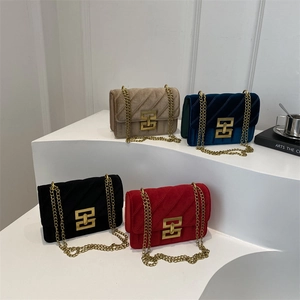 Quilted velvet shoulder bag with retro gold chain in khaki, blue, black, and red colors