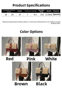 Tabella taglie borsa in paglia quadrata con dimensioni 20x14x7cm e cinque varianti di colore