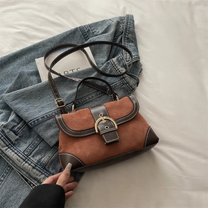 Retro reddish-brown suede handbag with leather trim and gold buckle for women