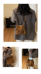Detailed views of the brown suede bucket bag showing the back, side, and handle texture