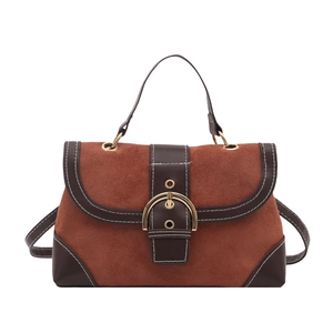 Caramel two-tone handbag in suede and smooth faux leather with gold buckle detail