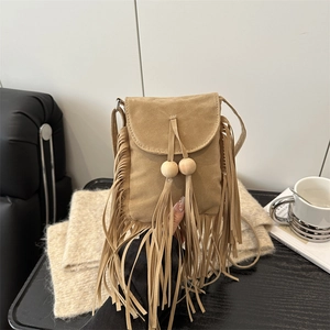 Petit Sac Bandoulière Bohème en Daim Synthétique avec Glands pour Femmes Sac à Franges Rétro avec Perles en Bois