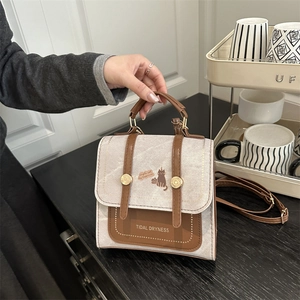 Women Preppy Style Mini Backpack Contrast Color Synthetic Leather Shoulder Bag With Cartoon Cat Print Casual Daily Bag