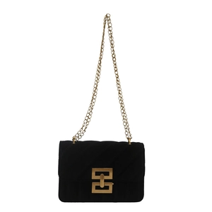 Schwarze gesteppte Samt-Umhängetasche mit goldenem Vintage-Verschluss und Kette