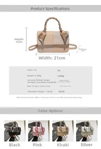 Detailed view of women's PU leather bag showing scarf-wrapped handle and size specifications