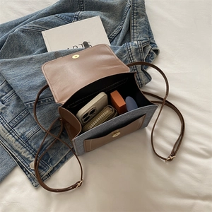Retro mini crossbody bag in brown leather and blue denim patchwork with adjustable strap