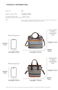 Size chart showing large and small woven rainbow bucket bags with precise dimensions