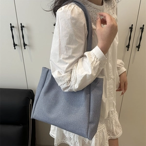Minimalist denim blue canvas tote bag for women, large capacity shoulder bag for daily commute