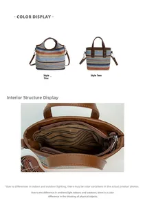 Detail view of woven straw handbags featuring colorful stripes and smooth brown PU handles
