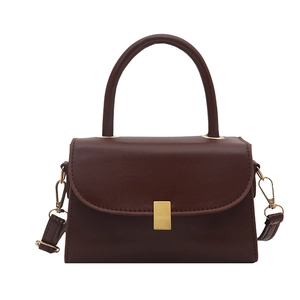 Minimalist retro dark brown leather handbag with gold buckle and adjustable shoulder strap