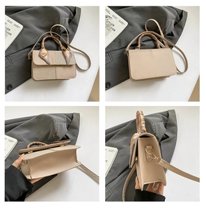 Detail view of beige square bag with silk-wrapped handle and glitter fabric panels