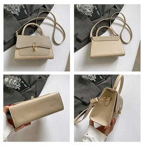 Detailed four-way view showing the beige crossbody bag with a glitter flap and gold hardware