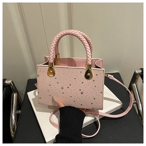 Pink crossbody bag with silver star patterns and unique woven handle detail