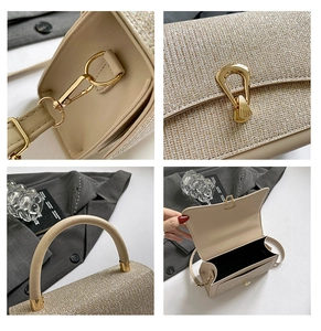 Detailed views of champagne gold square handbag with horseshoe lock and metallic handle