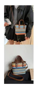 Close-up of colorful woven texture and premium brown leather handle on crossbody bag