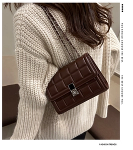 Detail of dark brown lattice crossbody bag with chain strap and silver twist lock closure