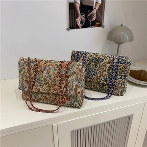 Ethno Retro Floral Jacquard Klappentasche Für Damen Schulter Kettentasche Umhängetasche Kunstleder Handtasche