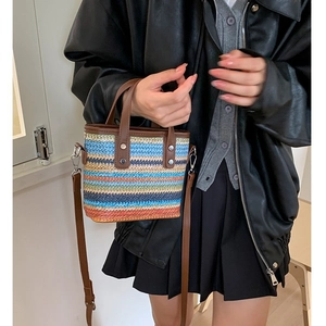 Colorful Woven Shoulder Bag For Women Rainbow Striped Straw Handbag With Adjustable Strap Casual Crossbody Tote Bag