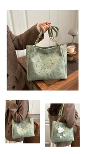 Detail of light green star and moon print tote bag with gold chain strap detail