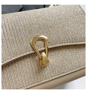 Dettaglio borsa glitter oro champagne con chiusura a conchiglia in metallo lucido