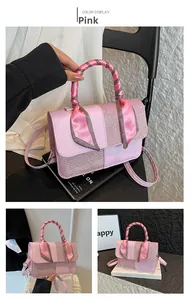 Pink PU leather crossbody bag featuring silk scarf handle and sequin patchwork detail