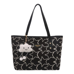 Fashionable black star quilted tote bag with cute plush cloud charm for women