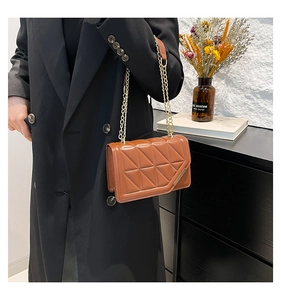 Brown quilted crossbody bag with gold chain strap worn over the shoulder by model