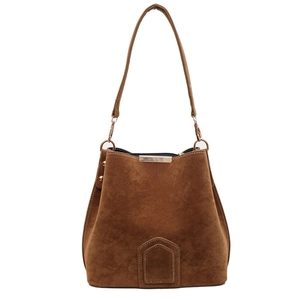 Minimalist brown suede bucket bag with adjustable shoulder strap and gold hardware