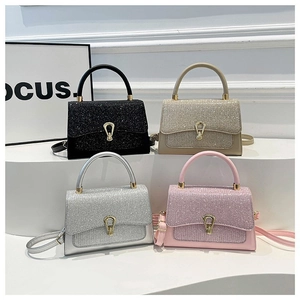 Fashion small square handbags in black, gold, silver, and pink with U-shaped gold buckles