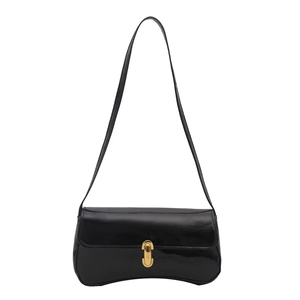 Classic black glossy faux leather shoulder bag with a polished golden lock closure
