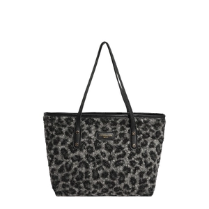 Large leopard print tote bag in grey and black faux fur with stylish gold brand plaque