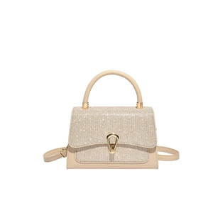 Elegante beige Umhängetasche mit Strasssteinen, Metallschnalle und Griff für Damen