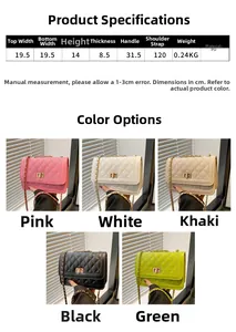 Detailed size chart and multi-color specifications for the quilted PU crossbody bag