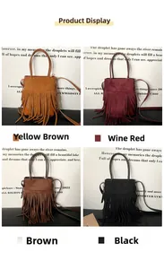 Selection of retro fringe tote bags in yellow brown, wine red, brown, and black colors
