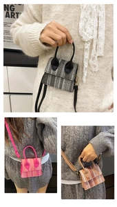 Three-frame detail of textured mini woven crossbody bag with leather handles in 3 colors