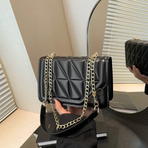 Women Fashion Quilted Shoulder Bag Synthetic Leather Gold Chain Strap Crossbody Bag Small Square Flap Handbag Daily Match