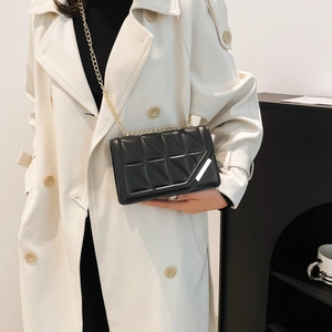 Classic black quilted crossbody bag with gold chain strap and geometric pattern