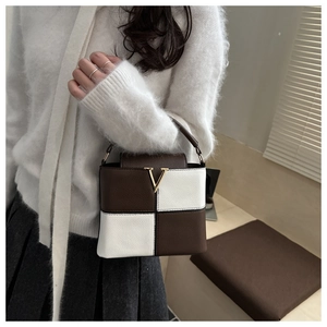Detail of a brown and white checkered handbag featuring a golden V-shaped metal buckle