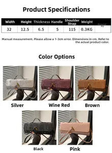 Detaillierte Größentabelle und fünf Schlangenmuster-Handtaschen in verschiedenen Farben