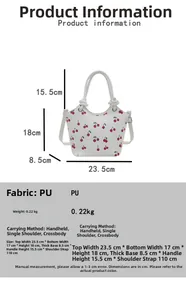 Detailed size specifications for white PU bucket bag with red cherry prints
